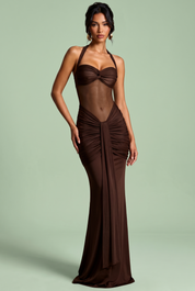 Robe longue marron foncé froncée à encolure dos nu | Vue de face | Lounelle Paris