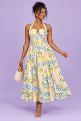 Vestido comprido amarelo às riscas com flores