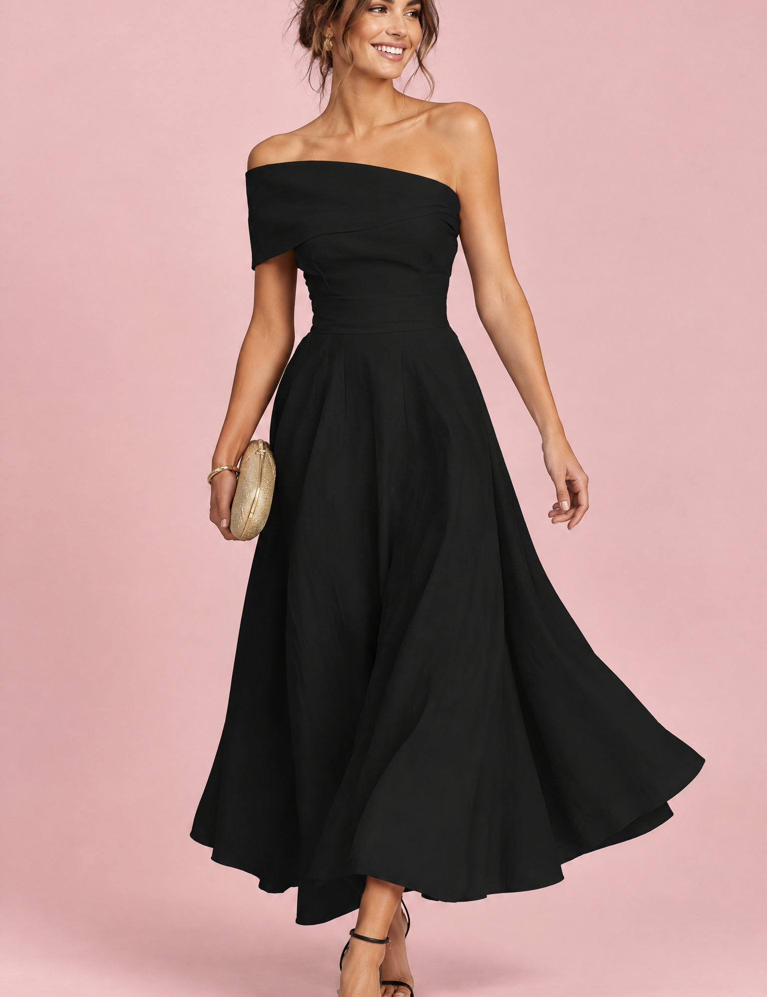 Robe asymétrique noire à épaules dénudées | Vue de face | Lounelle Paris