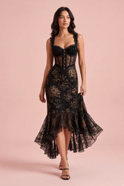 Robe corset noire à fleurs | Vue en mouvement | Lounelle Paris