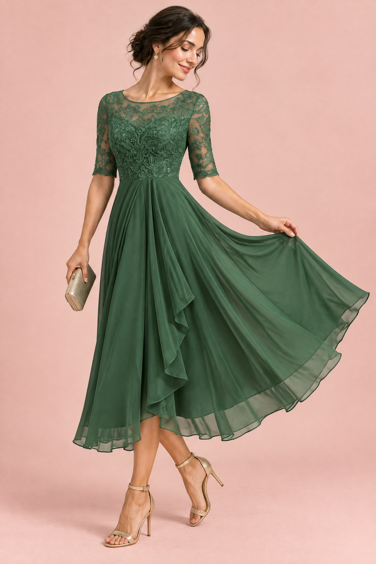 Robe en mousseline à corsage brodé vert forêt | Vue de dos | Lounelle Paris