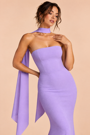 Robe longue violette bustier bandeau à coupe sirène | Vue rapprochée | Lounelle Paris