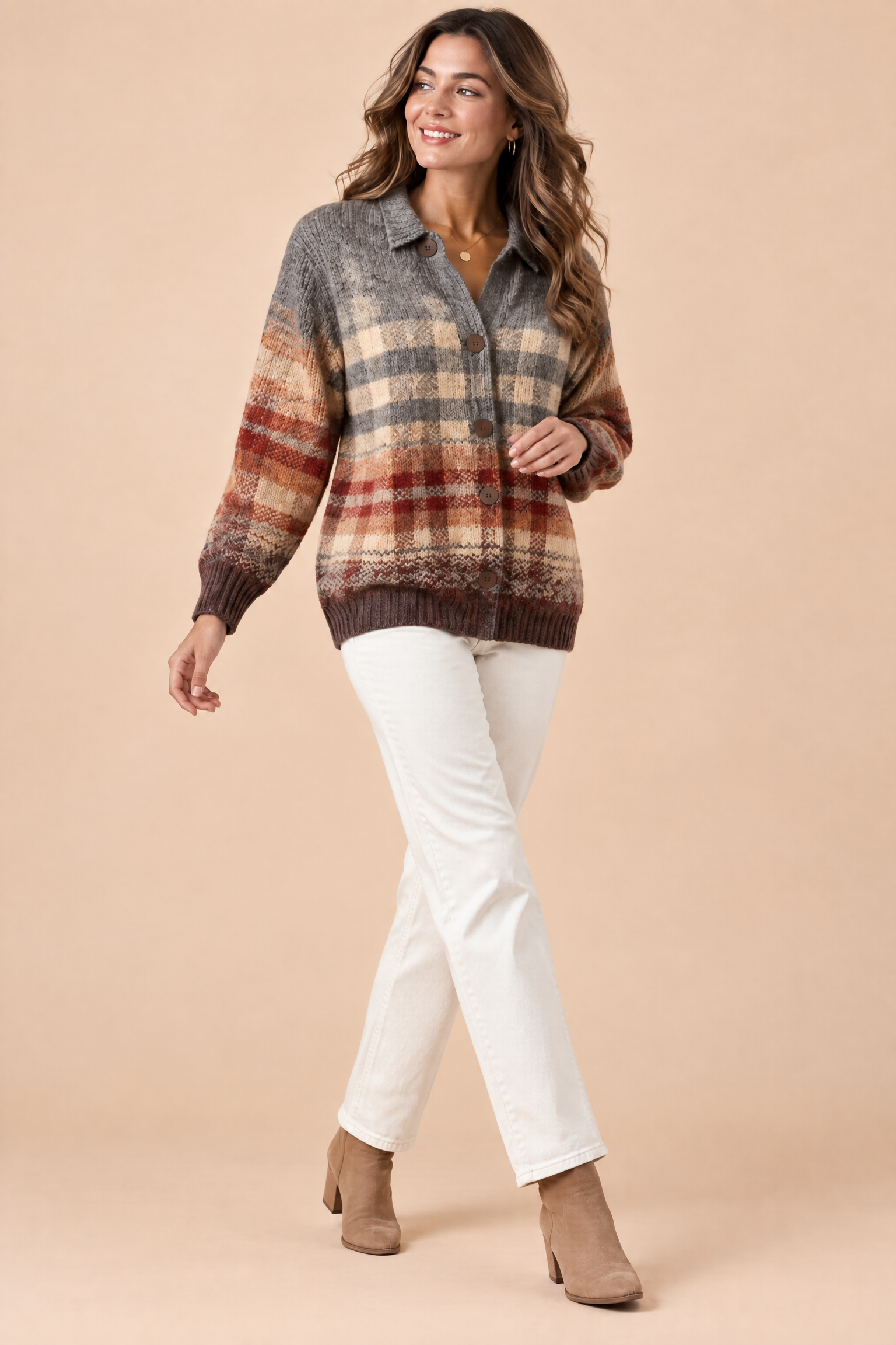 Gilet marron à carreaux avec col | Vue en mouvement | Lounelle Paris