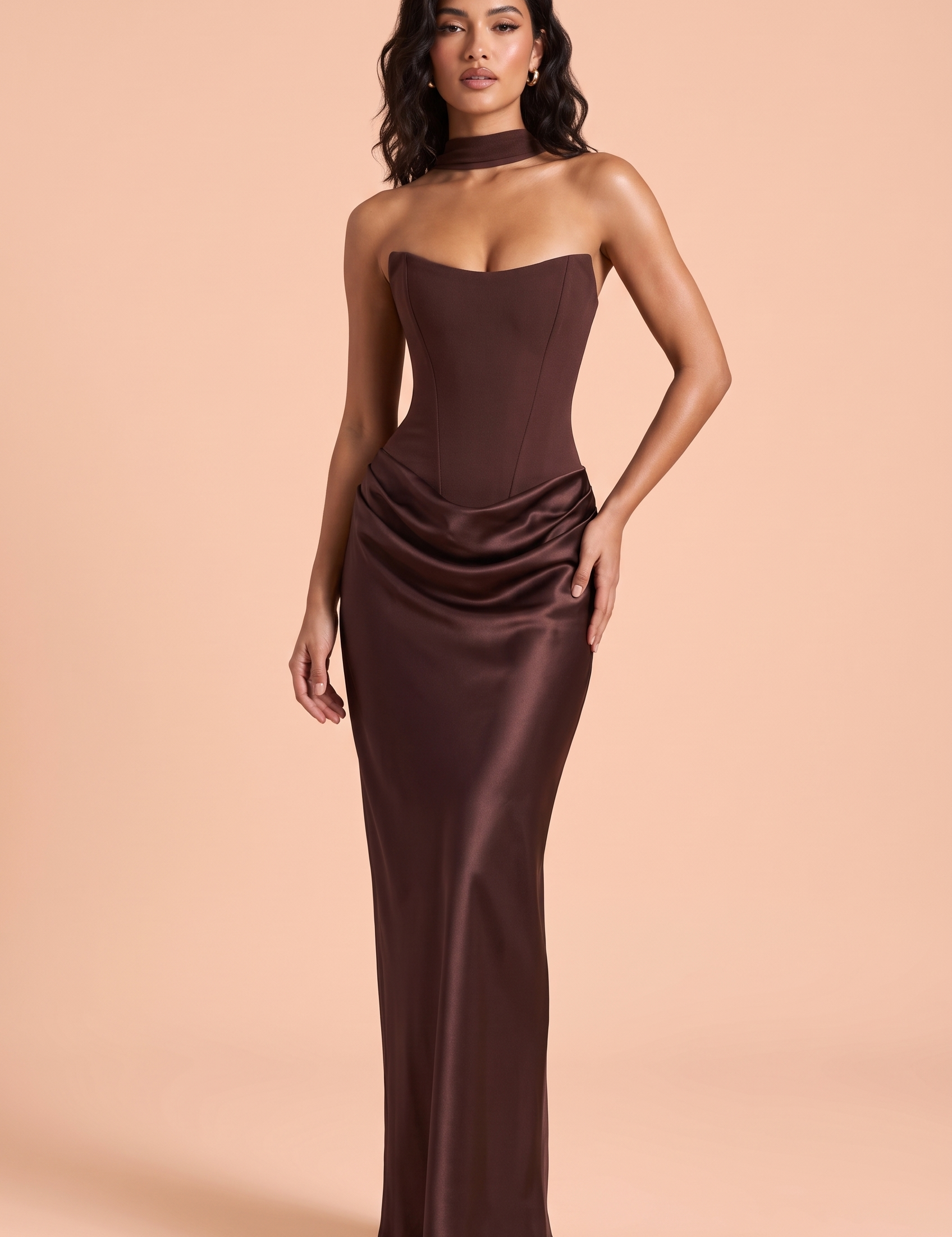 Robe longue corset marron bustier | Vue de face | Lounelle Paris