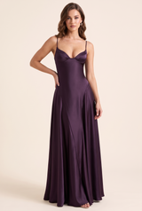 Vestido comprido de cetim com decote em V Roxo escuro