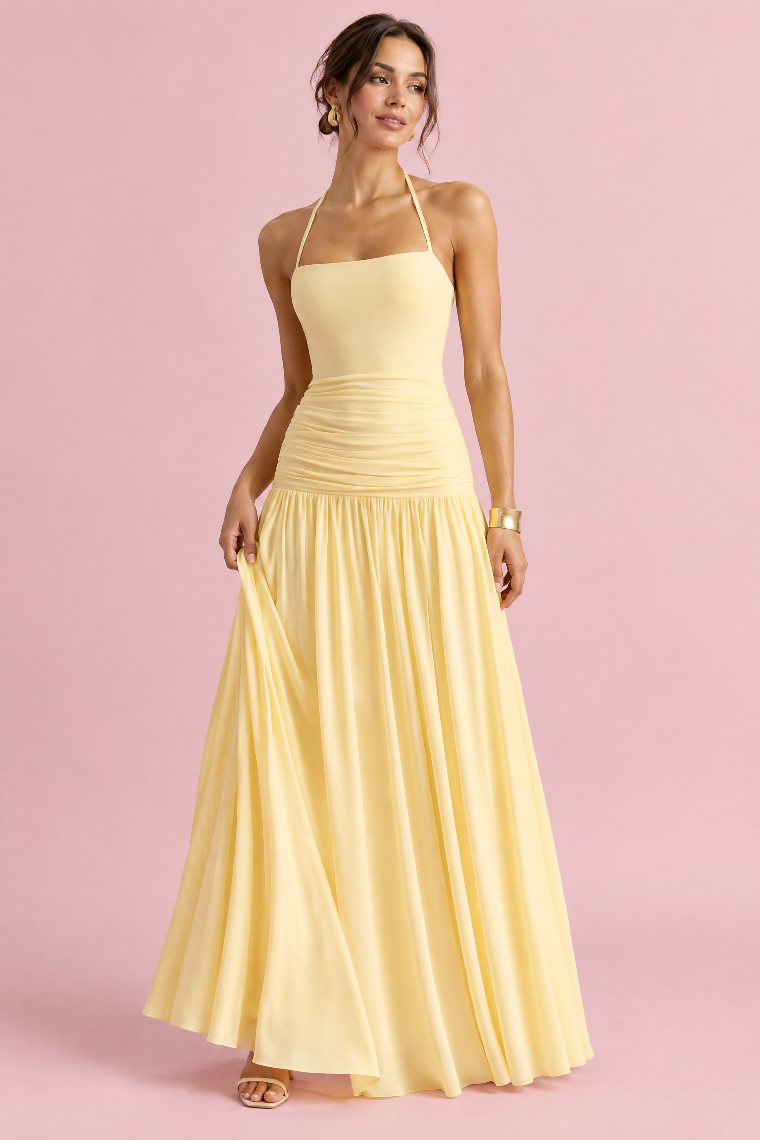 Robe longue jaune clair à encolure carrée et fronces | Vue de face | Lounelle Paris