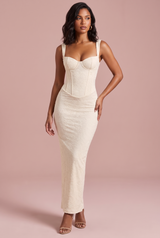 Vestido comprido de renda com corpete marfim