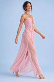 Robe longue rose asymétrique à découpes | Vue en mouvement | Lounelle Paris