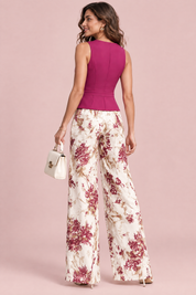 Ensemble gilet tailleur fuchsia et pantalon fleuri | Vue de dos | Lounelle Paris