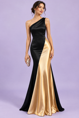 Vestido de gala preto e dourado de um ombro