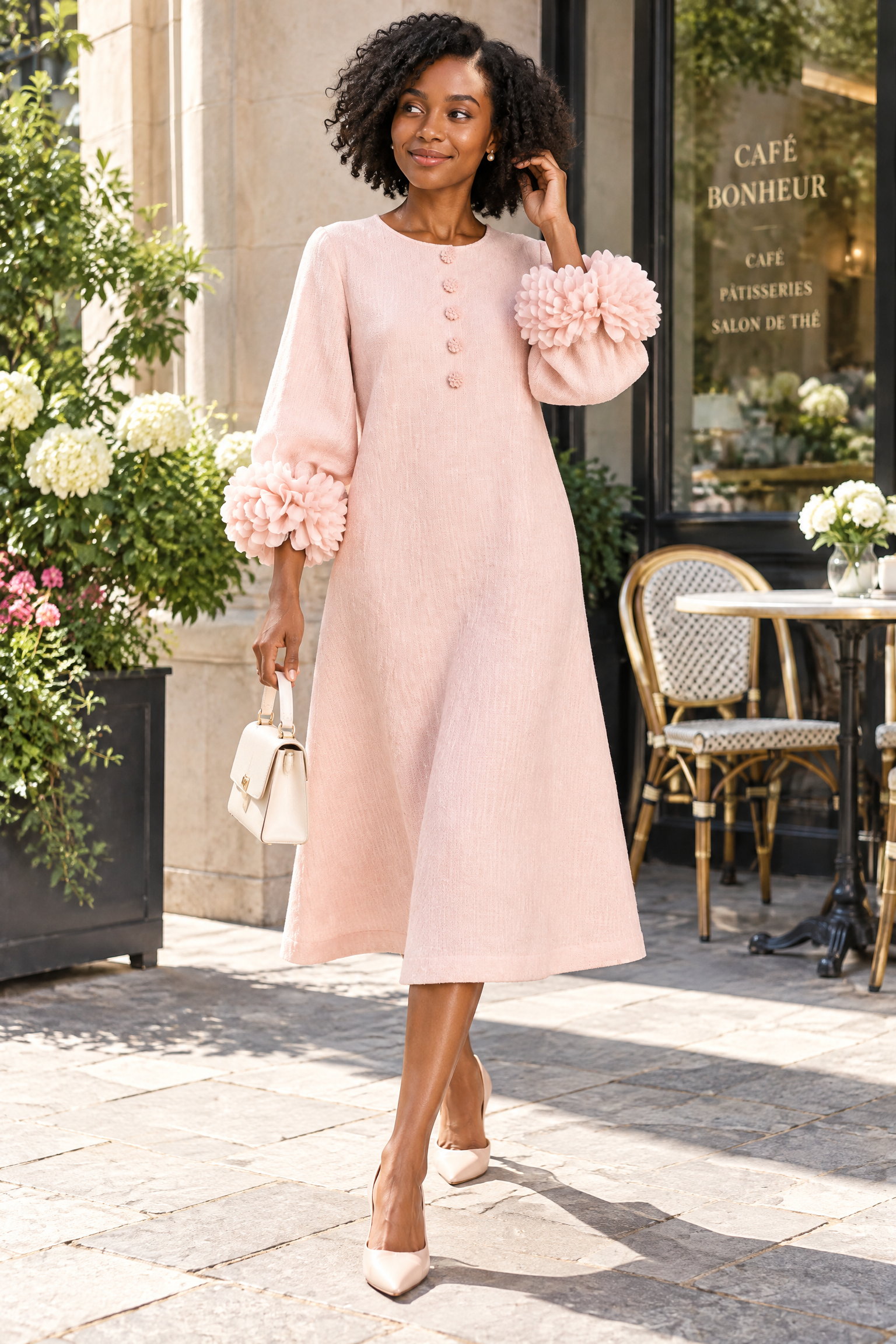 Robe midi rose coupe trapèze à manches bouffantes | Photo lifestyle | Lounelle Paris