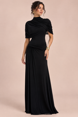 Vestido maxi preto de gola subida com mangas curtas tipo capa
