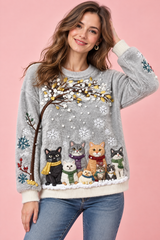 Camisola oversized cinzenta com motivo de gatos