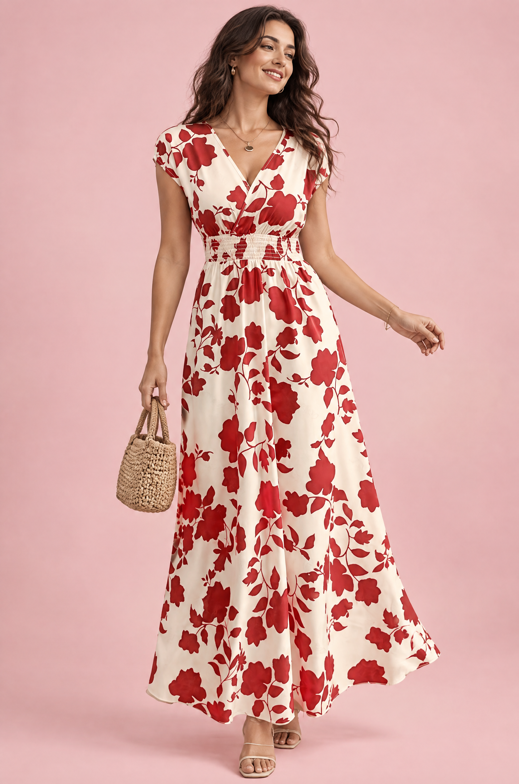 Robe longue écrue à fleurs et taille smockée | Vue de face | Lounelle Paris