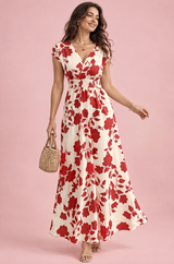 Vestido comprido floral branco cru com cintura franzida