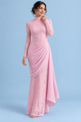 Vestido maxi cor-de-rosa de renda, com gola subida e saia drapeada