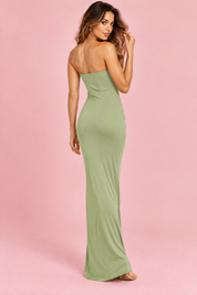 Robe longue portefeuille verte à décolleté cœur et fronces | Vue de dos | Lounelle Paris