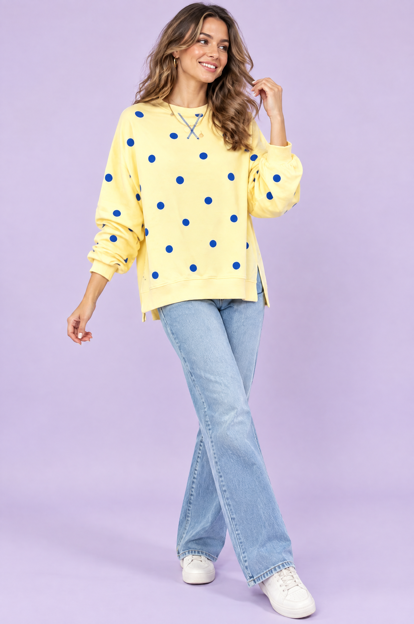 Sweat-shirt oversize jaune à pois | Vue de face | Lounelle Paris