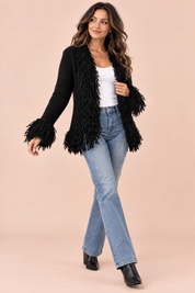 Gilet noir à franges | Vue en mouvement | Lounelle Paris