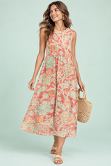 Vestido midi coral com estampado floral