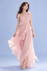 Vestido Rosa-Claro de Folhos e Um Ombro Só