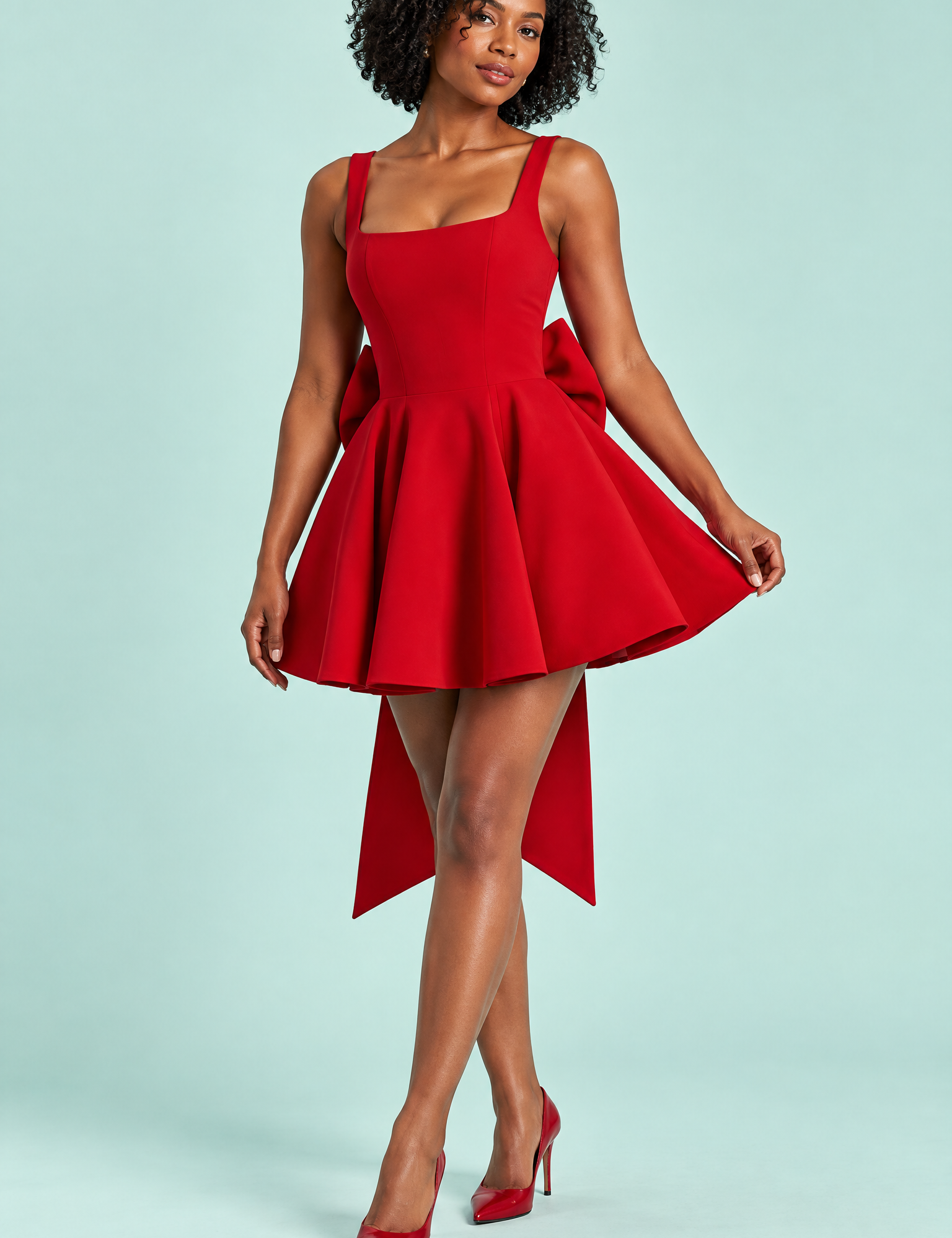 Robe patineuse courte rouge à col américain | Vue de face | Lounelle Paris