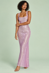 Vestido Comprido Brilhante Rosa com Decote Quadrado