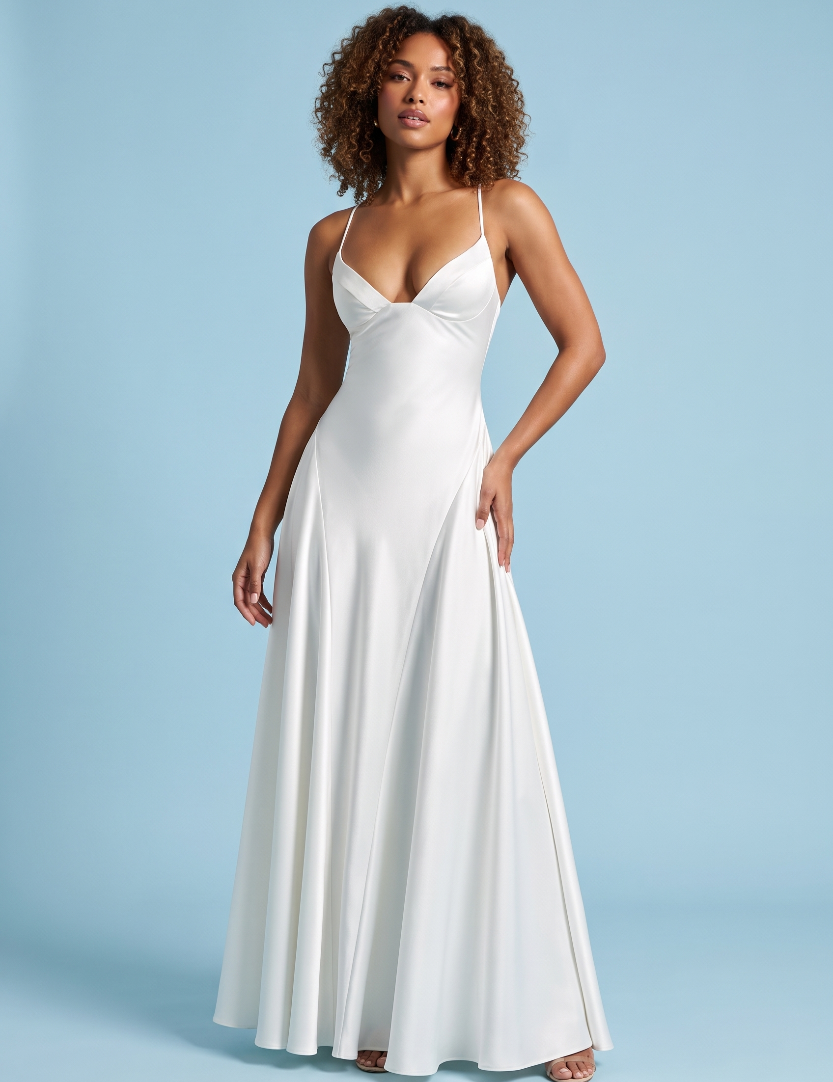 Robe longue satinée blanche à col V | Vue de face | Lounelle Paris