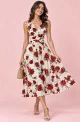 Vestido midi vermelho com estampado de ramos florais e decote quadrado