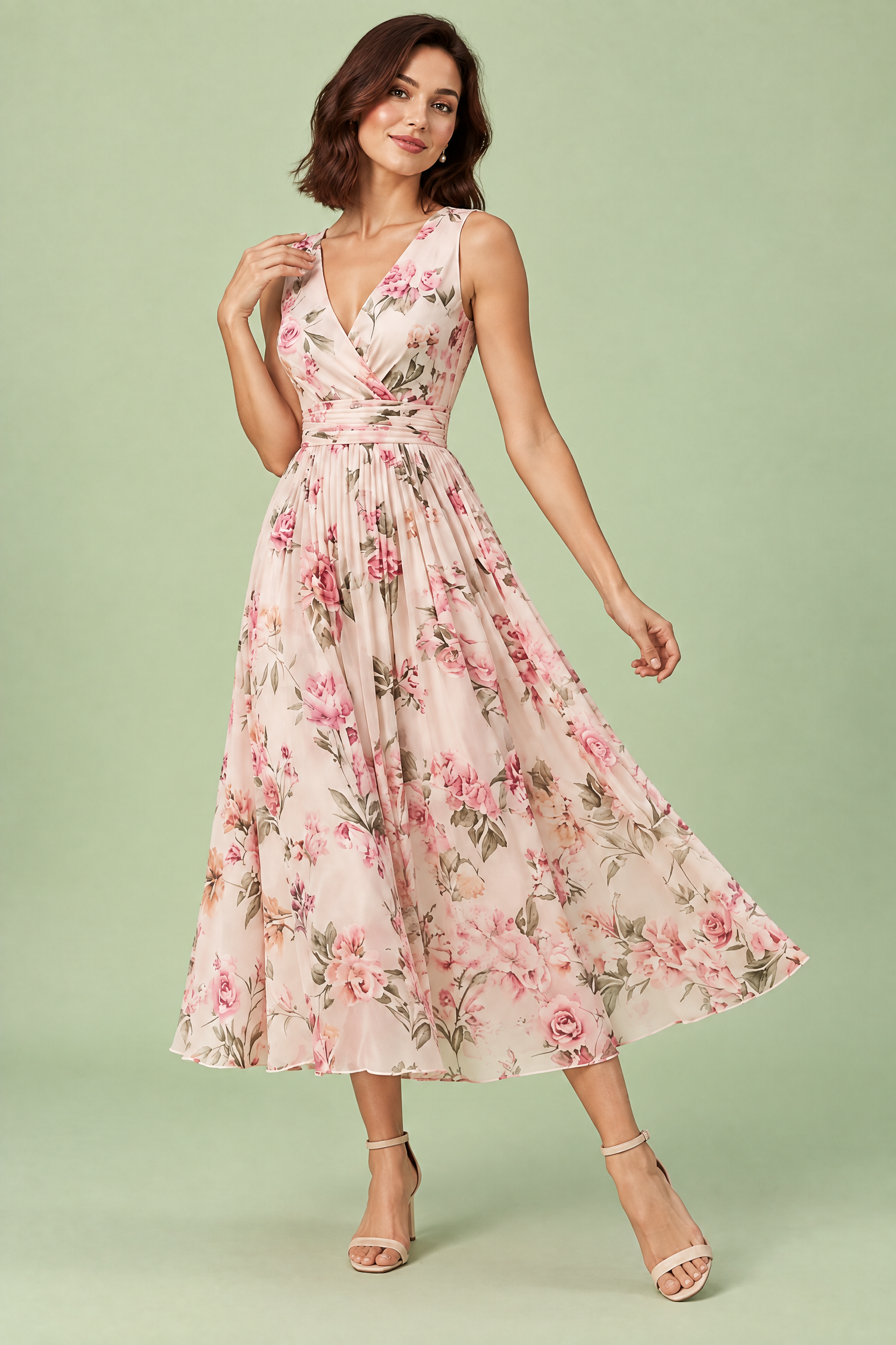 Robe midi rose à imprimé de bouquets floraux, col carré et coupe trapèze | Vue de dos | Lounelle Paris
