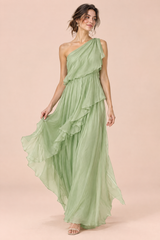 Vestido Verde de Folhos e Um Ombro Só
