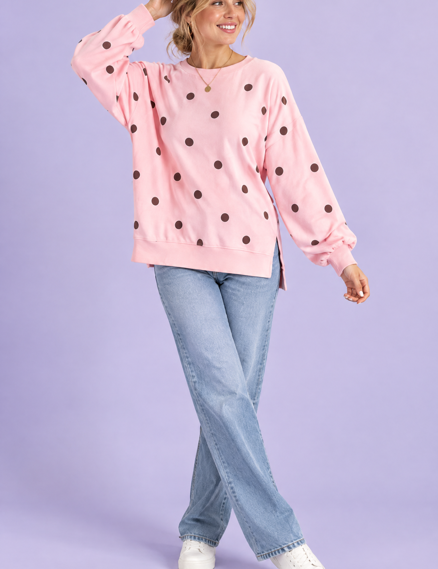 Sweat-shirt oversize rose à pois | Vue de face | Lounelle Paris