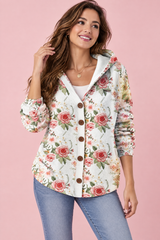 Casaco de malha floral com capuz branco-sujo
