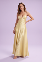Vestido comprido de cetim com decote em V Amarelo-claro
