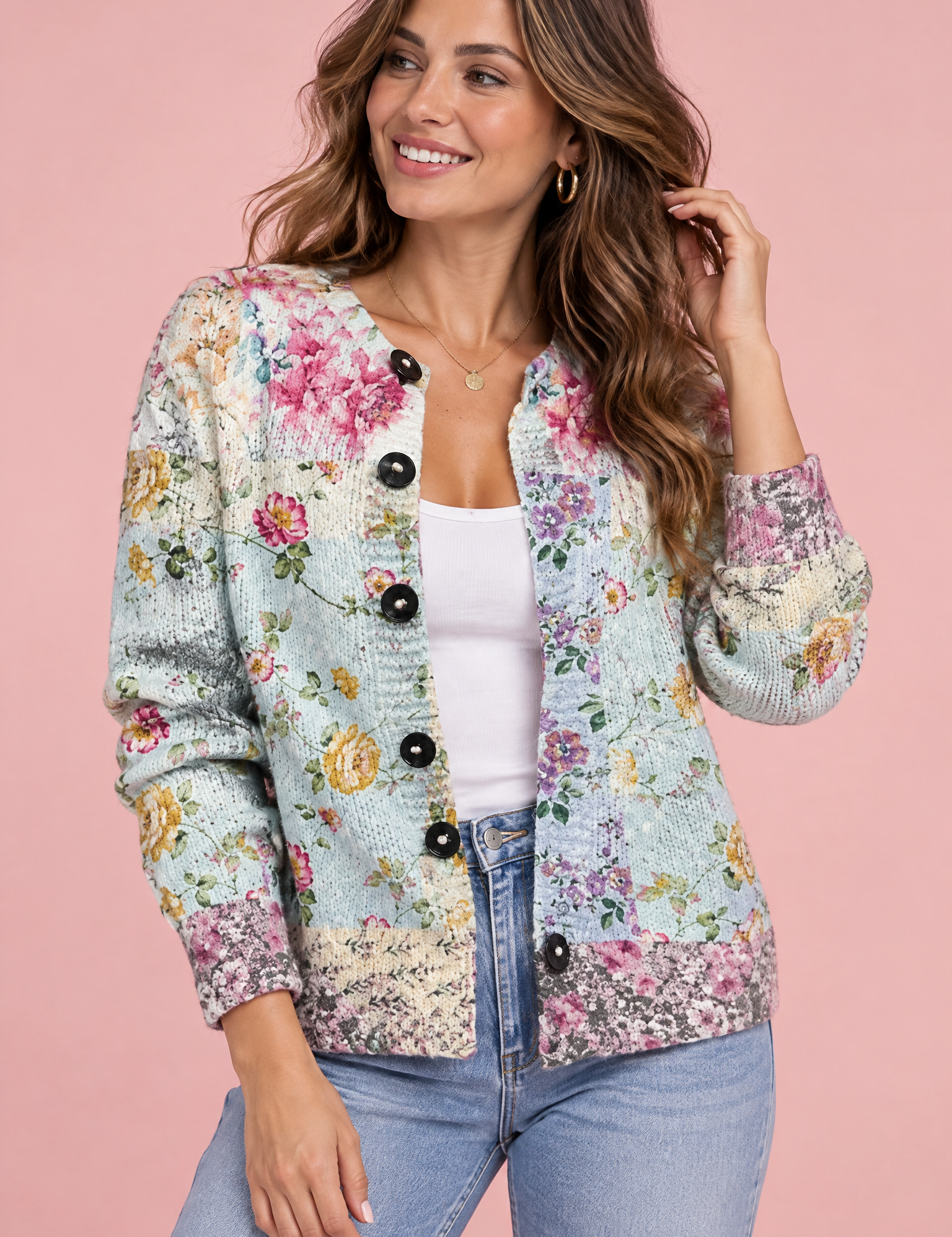 Cardigan fleuri boutonné bleu | Vue de face | Lounelle Paris