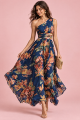 Vestido floral azul de um ombro só