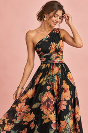 Robe noire fleurie à une épaule | Vue rapprochée | Lounelle Paris