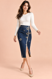 Jupe crayon midi bleue taille haute | Vue en mouvement | Lounelle Paris