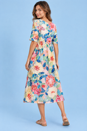 Robe midi trapèze à motif floral blanc cassé | Vue de dos | Lounelle Paris