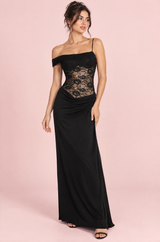 Vestido maxi preto com painéis de renda