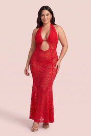 Robe rouge dos nu à encolure américaine | Porté sur une silhouette plus ronde | Lounelle Paris