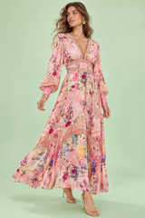 Vestido maxi cor-de-rosa com decote em V e mangas balão