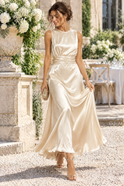 Robe longue champagne à pois froncée | Photo lifestyle | Lounelle Paris