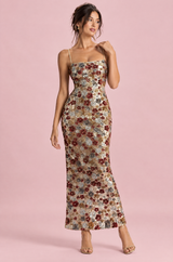 Vestido mini dourado com lantejoulas e aplicações florais, de decote redondo