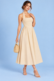 Robe midi patineuse beige à encolure américaine | Vue de dos | Lounelle Paris