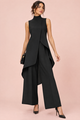 Conjunto preto de calças fluidas, sem mangas e de gola alta