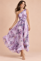 Vestido floral lilás de um ombro só