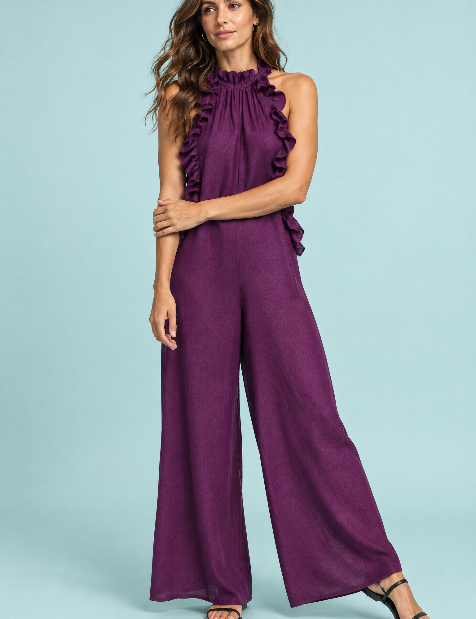 Robe longue violette à volants et encolure américaine | Vue de face | Lounelle Paris
