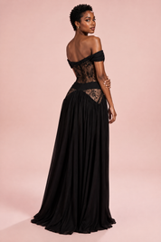 Robe noire à découpes et col bénitier | Vue de dos | Lounelle Paris