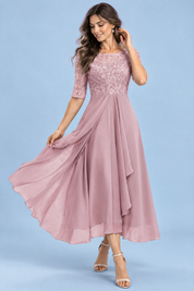 Robe en mousseline à corsage brodé rose poudré | Vue de face | Lounelle Paris